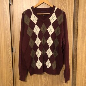 Nordstrom Men Burgundy Cream Argyle V-Neck Sweater
